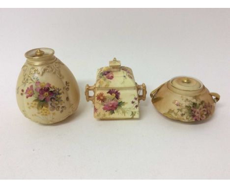 Three Royal Worcester blush ivory covered pots, each of different form, between 7cm and 13cm heightCondition report: Squat po