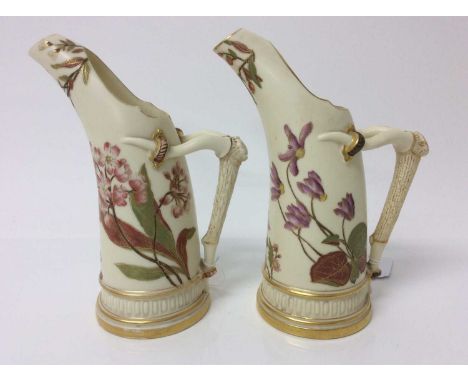 Pair of Royal Worcester blush ivory tusk ewers, model number 1116, 19cm heightCondition report: One ewer has a hairline crack