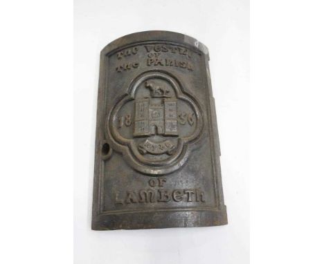 Rare Victorian cast iron pillar box door of ecclesiastical interest - 'The Vestry of The Paris of Lambeth 1856', with central