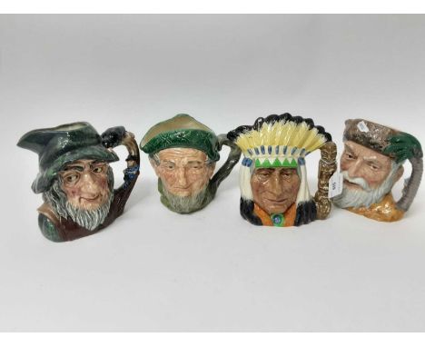 Four Royal Doulton character jugs - North American Indian D6786, Robinson Crusoe D6532, Rip Van Winkle D6438 and Auld Mac D58