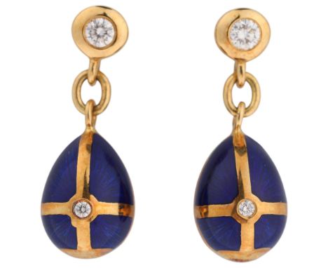 FABERGE - a pair of 18ct gold blue enamel and diamond egg stud earrings, set with modern round brilliant-cut diamonds, total 