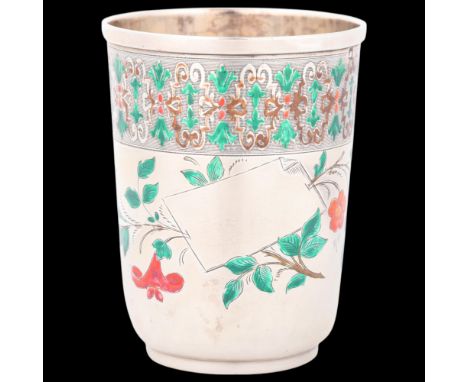 A French silver and enamel beaker, maker PG, floral decoration, 8.5cm, 2.3ozSeveral small losses to hand painted enamel, cart