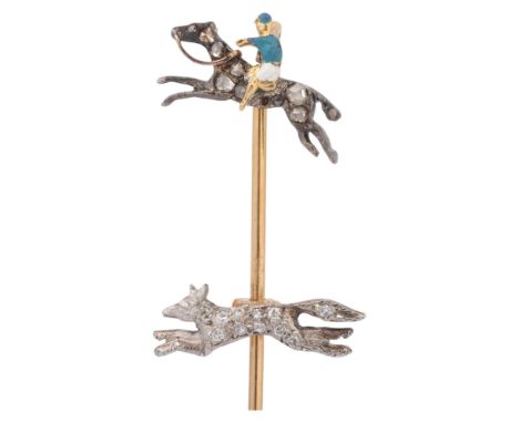 An Antique Victorian silver-topped 18ct gold diamond and enamel hunting stickpin, modelled as a horse and rider, with a separ