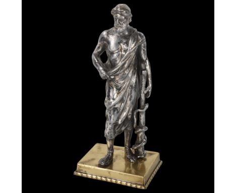 An Antique silver plated model Asclepius Greek God of Medicine figure, on gilt-metal base, 20cmHigh points of plating heavily