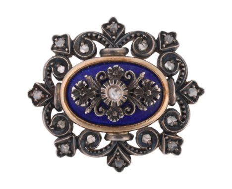 An Antique French blue enamel and diamond openwork brooch, the central oval blue enamel panel with applied rose-cut diamond f