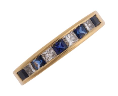 An 18ct gold sapphire and diamond half eternity ring, maker EJ, London 2011, channel set with square-cut sapphires and Prince