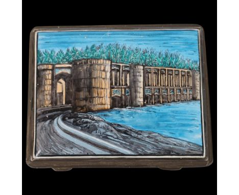 An Iranian white metal enamel 'Khawju Bridge, Isfahan' cigarette case, 8cm x 6.5cm, 2.3oz grossNo damage or repair, only 1 ti