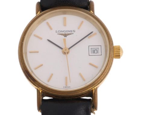 LONGINES - a gold plated stainless steel quartz calendar wristwatch, ref. L4.136.2, circa 1993, white dial with gilt baton ho