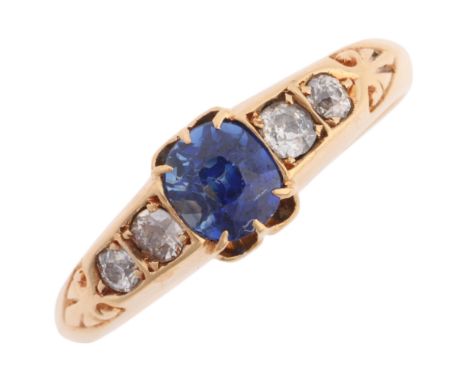 An Antique Victorian 18ct gold five stone sapphire and diamond ring, by Deakin & Francis, Birmingham 1894, set with 0.7ct ova