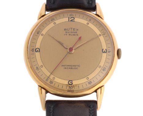BUTEX - a Vintage Swiss 18ct gold mechanical wristwatch, ref. 309, circa 1950s, champagne dial with black quarterly Arabic nu