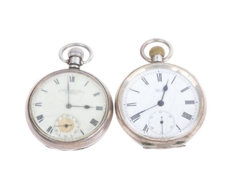 2 silver open-face keyless pocket watches, comprising Wards Stores Ltd, and Rhetia, largest case width 50mm, both working (2)