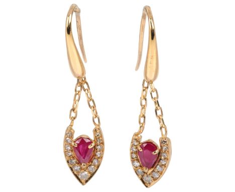 A pair of Italian 18ct gold ruby and diamond marquise drop earrings, set with pear-cut rubies, single-cut diamonds and shephe