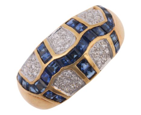 An 18ct gold sapphire and diamond bombe ring, channel set with calibre-cut sapphires and modern round brilliant-cut diamonds,