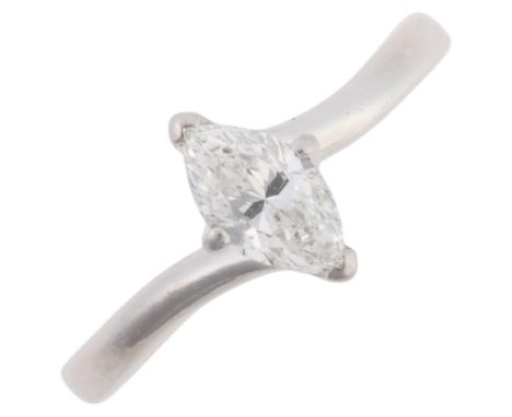 A platinum 0.6ct single stone diamond ring, crossover claw set with marquise brilliant-cut diamond, colour approx F/G, clarit