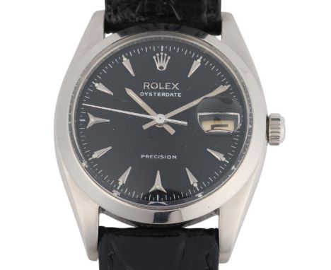 ROLEX - a Vintage stainless steel Oysterdate Precision mechanical calendar wristwatch, ref. 6494, circa 1959, black lattice d