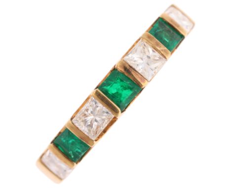 An 18ct gold emerald and diamond half eternity ring, set with square step-cut emeralds and Princess-cut diamonds, emeralds me