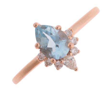 A 14ct rose gold aquamarine and diamond crown ring, maker BE, claw set with pear-cut aquamarine, pear and modern round brilli