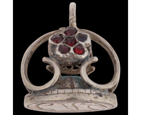 An Antique Scandinavian silver and garnet seal fob, 17th/18th century, intaglio carved with initials CAJ, 23.9mm, 6.6g . Cond