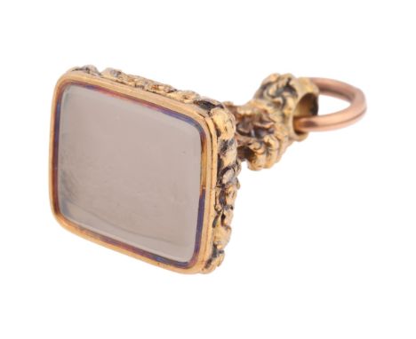 An Antique Victorian 15ct gold hardstone 'Fox Hunting Landscape' seal fob, the inset chalcedony agate intaglio carved depicti