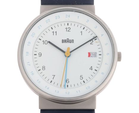 BRAUN - a stainless steel Classic quartz calendar wristwatch, ref. BN0142WHBLG, white dial with black Arabic numerals, baton 