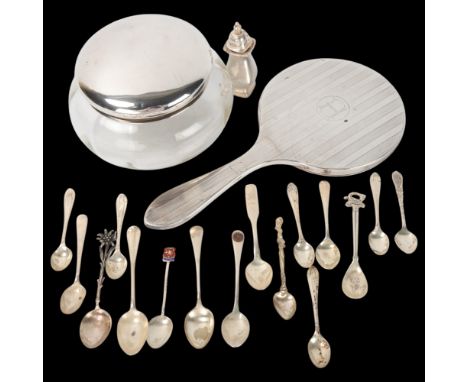 Various silver and plate, including glass dressing table powder jar, hand mirror, and souvenir spoons, 5.6oz weighableLot sol