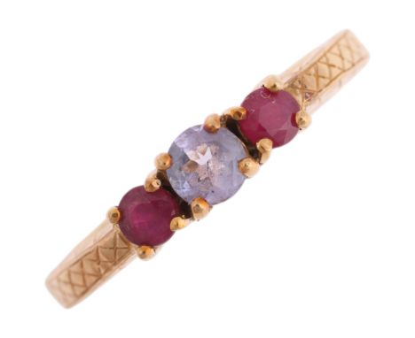 A 9ct gold three stone tanzanite and ruby dress ring, maker GTB, Birmingham 2005, claw set with round-cut tanzanite and rubie