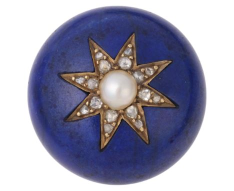 An Antique Victorian 9ct gold lapis lazuli split pearl and diamond star lapel button, circa 1860, 23.5mm, 11g . Condition Rep