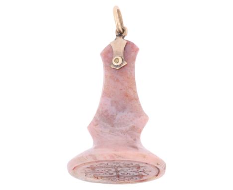 An Antique Continental pink lace agate seal fob, 18th century, the oval panel intaglio carved with Gothic initial H within fo