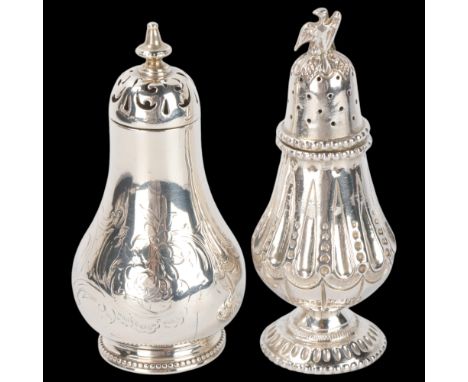 2 Antique silver pepperettes, comprising pear-shape example, London 1860, and Dutch example with eagle finial, largest 9.5cm,