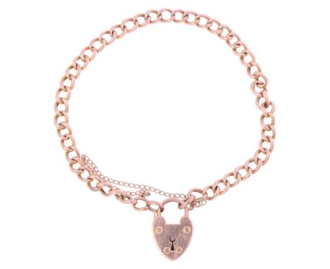 An Antique 9ct rose gold hollow curb link chain bracelet, with 9ct heart padlock clasp, 18cm, 7.2g . Condition Report:No dama