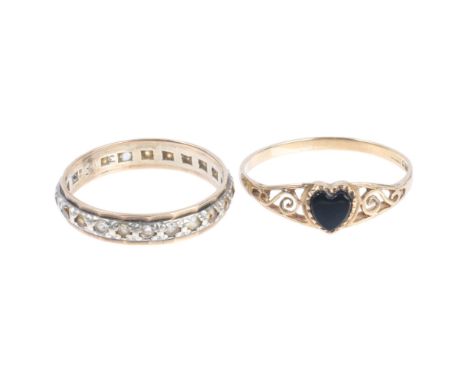 2 x 9ct gold rings, comprising onyx heart signet ring, size S, and white sapphire eternity ring, size P, 3.6g gross (2) . Con