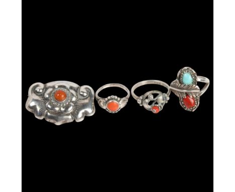 A group of Continental silver stone set jewellery, including Native American Navajo turquoise ring, size M, Art Nouveau Danis