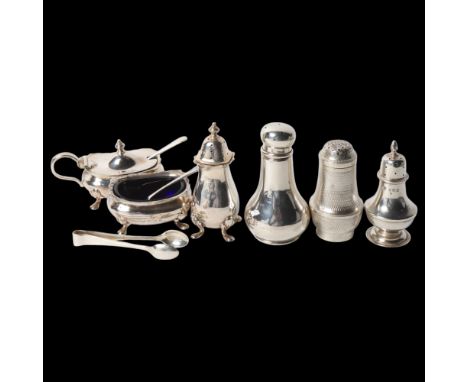 5 silver pepperettes, including Victorian engine turned example, largest 8cm, 4oz total (5) No damage or repair