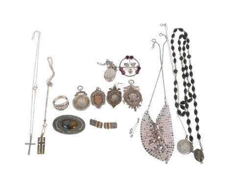 Various jewellery, including Arts and Crafts style Ruskin panel brooch, oxidised silver stud earrings, necklace, etc, 100g gr