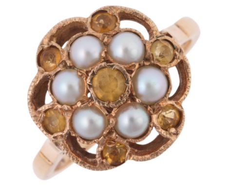 A Vintage 9ct gold citrine and split pearl flowerhead cluster ring, setting height 13.9mm, size M, 3.2g . Condition Report:No