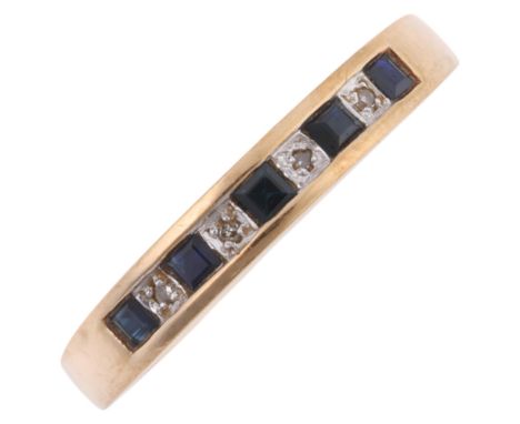 A 9ct gold sapphire and diamond half eternity ring, maker MJ, import London 1998, set with square step-cut sapphires and sing
