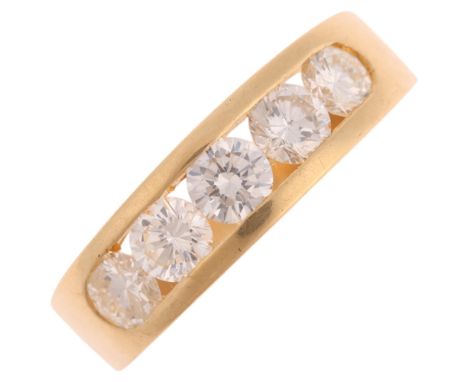 An 18ct gold five stone diamond ring, channel set with modern round brilliant-cut diamonds, total diamond content approx 1.27
