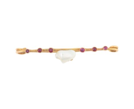 An Antique French 18ct gold natural Baroque pearl and ruby bar brooch, maker PL, 48mm, 2.8g . Condition Report:Some glue evid