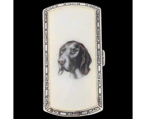 An Art Deco Austrian sterling silver enamel German short-haired Pointer cigarette case, Vienna circa 1910, maker HC?, rounded