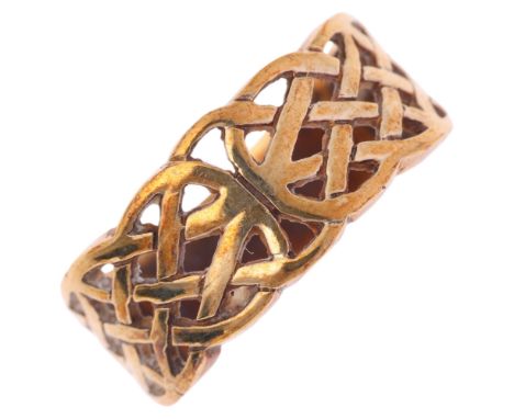 A 9ct gold Celtic knot band ring, maker MJ, setting height 9mm, size P, 4.1g . Condition Report:No damage or repair, only lig