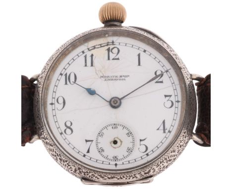 An Antique Swiss silver Driver's mechanical wristwatch, by Morath Brothers of Liverpool, white enamel dial with black Arabic 