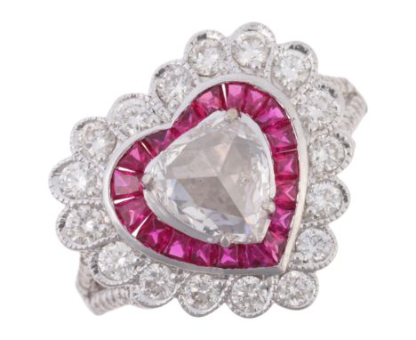 An 18ct white gold ruby and diamond heart target cluster ring, set with triangular rose-cut diamond within a border of calibr