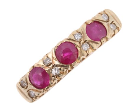 A 9ct gold ruby and diamond half hoop ring, maker G & TJ, set with round-cut rubies and single-cut diamonds, setting height 4