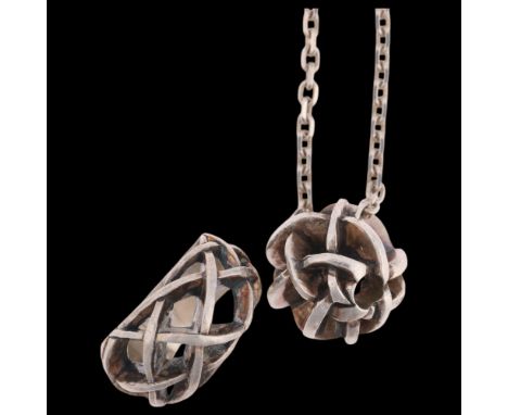 A Danish brutalist sterling silver pendant necklace and ring, pendant by Anette & Michael Arleth, 19.4mm, ring size T, 32.4g 