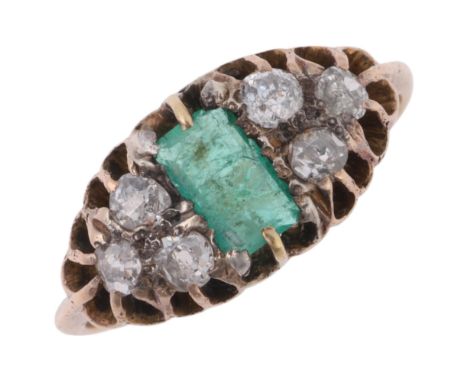 An Antique 14ct gold emerald and diamond half hoop ring, set with rectangular step-cut emerald and old-cut diamond trio shoul