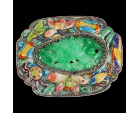 A Chinese sterling silver polychrome enamel and jade floral brooch, 42mm, 8.5g . Condition Report:Several very small high poi
