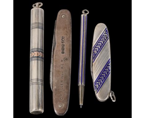 Various silver, including matching blue enamel penknife and pencil, niello propelling pencil, etc (4)Lot sold as seen unless 