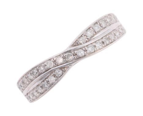 A 9ct white gold diamond crossover band ring, set with single-cut diamonds, total diamond content approx 0.25ct, setting heig