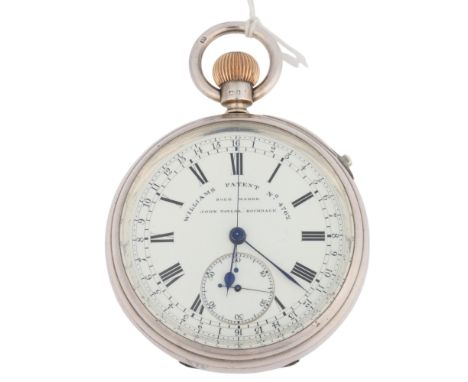 An early 20th century silver open-face keyless Williams Patent Fast Beating chronograph pocket watch, signed Williams Patent 