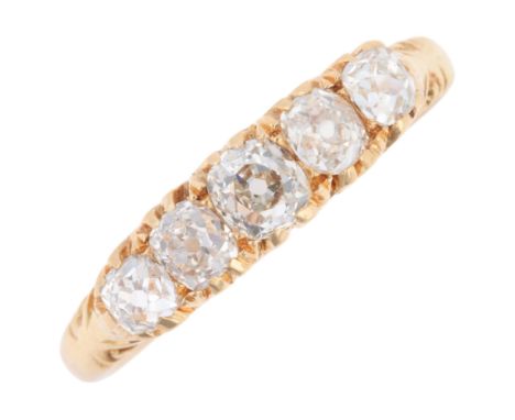An Antique Victorian 18ct gold five stone diamond half hoop ring, circa 1850, set with old-cut diamonds, total diamond conten